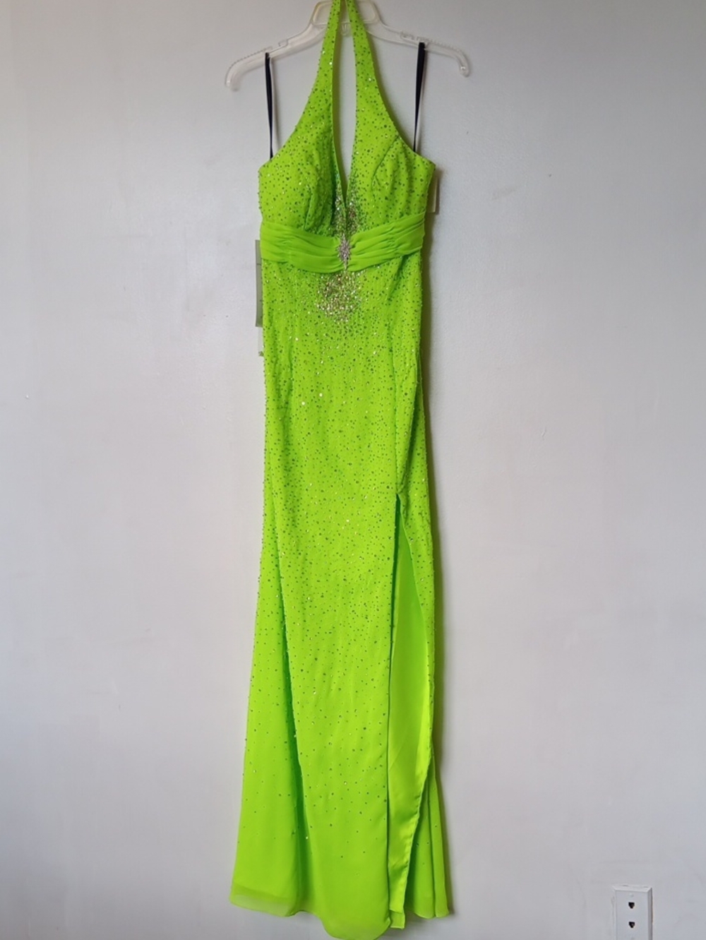 Riva Designs Neon Lime Halter Maxi Gown with Beaded Accents
